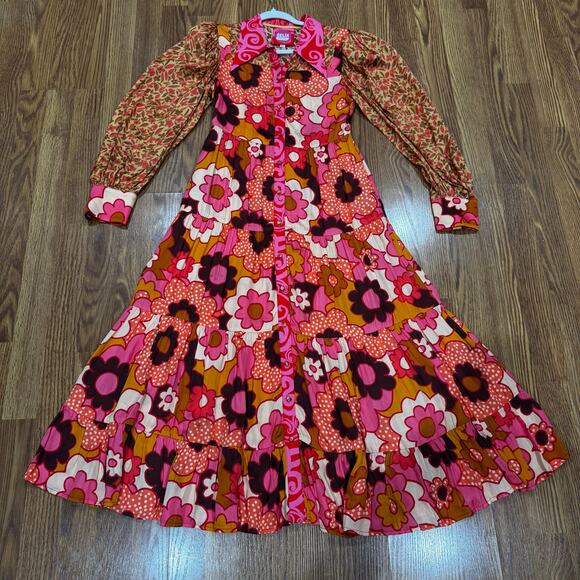 CELIAB retro Satin Monte Rosa Floral Button-Front Tiered Midi Sun Dress XS - Picture 12 of 12